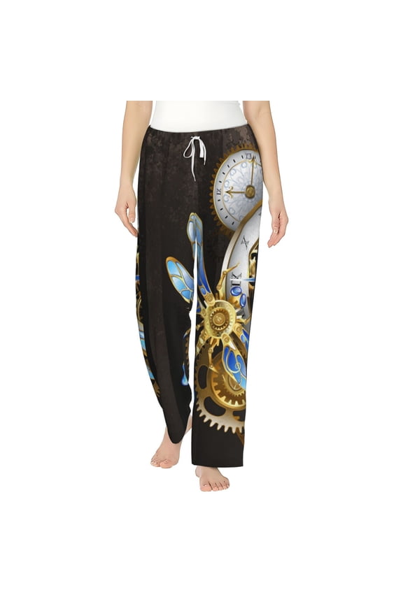 Women's Lounge Pajama Pants Bottoms Casual Flannel Loungewear, Dials With Dragonfly Steampunk Gold Clock
