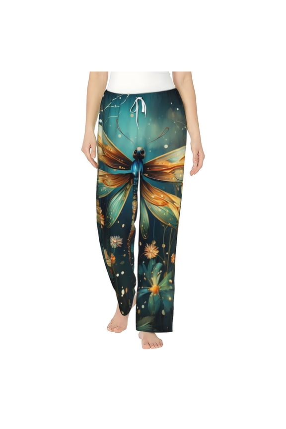 Women's Lounge Pajama Pants Bottoms Casual Loungewear, Dragonfly Flowers Retro Art