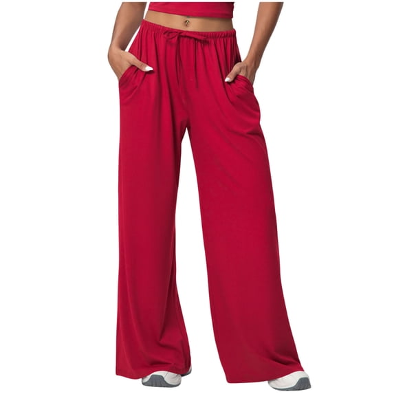 Women's Lounge Pants Drawstring Elastic Waisted Lightweight Loose Comfy Solid Color Casual Pants with Pockets (S, Red)