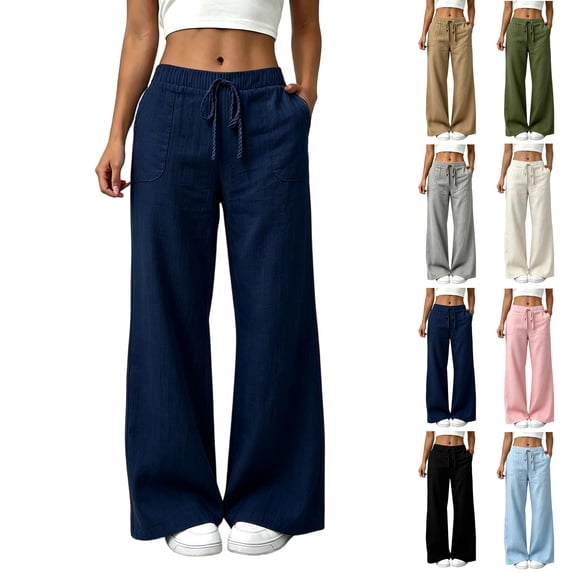 Women's Lounge Pants Elastic High Waist Linen Wide Leg Solid Color Pants, Drawstring Casual Loose Trousers with Large Patch Pockets, Flow Floor Length Lightweight Beach Vacation Palazzo Pants