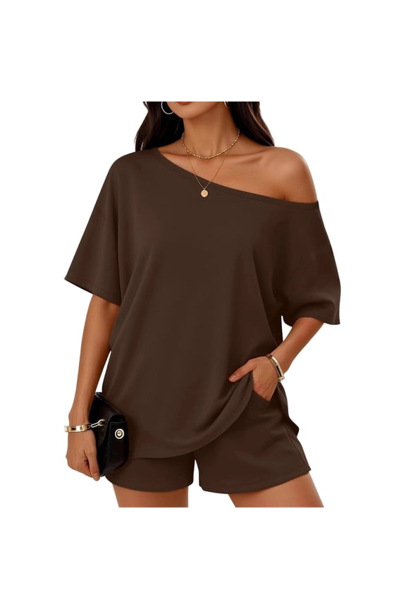 Women's Lounge Set Off Shoulder Top and Shorts Two Piece Outfit Casual Matching Set Relaxed Fit Summer Loungewear Vacation Outfit for Women, Brown, 2XL
