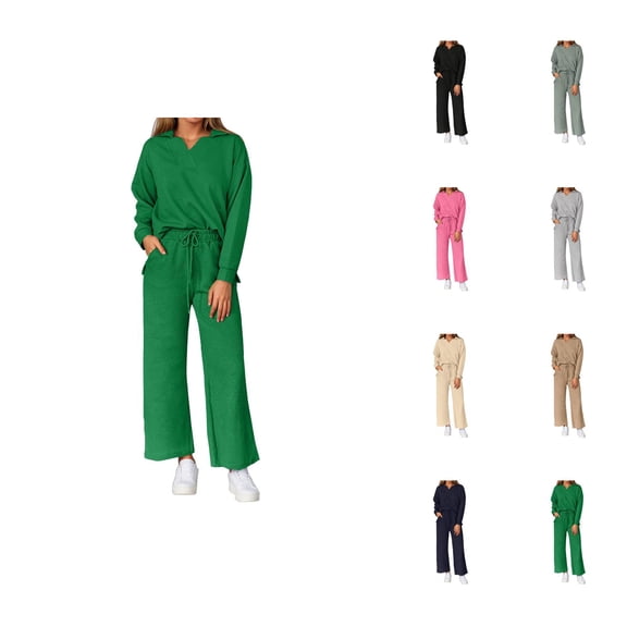 Women's Lounge Set V Neck Lapel Collared Sweatshirt and Sweatpants 2 Piece Matching Sweatsuit Track Suits