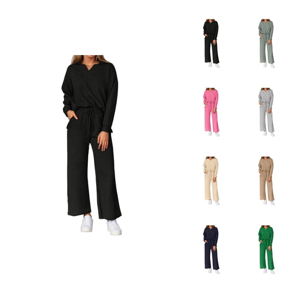 Women's Lounge Set V Neck Lapel Collared Sweatshirt and Sweatpants 2 Piece Matching Sweatsuit Track Suits