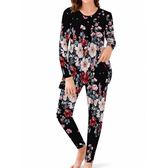 Women's Lounge Sets 2 Piece Dark Vintage Floral Pajamas Soft Long Sleeve Sleep Top and Pants