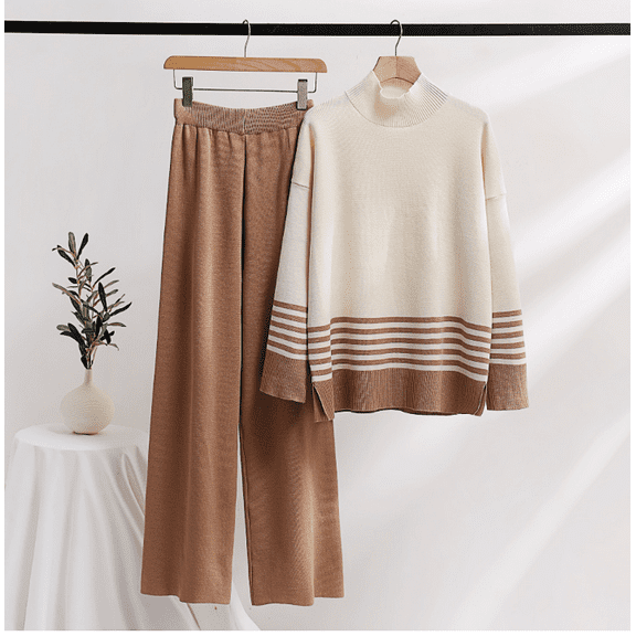 Women's Lounge Sets 2 Piece Outfits Knitted Pullover Sweater Tops Wide Leg Pants Tracksuit