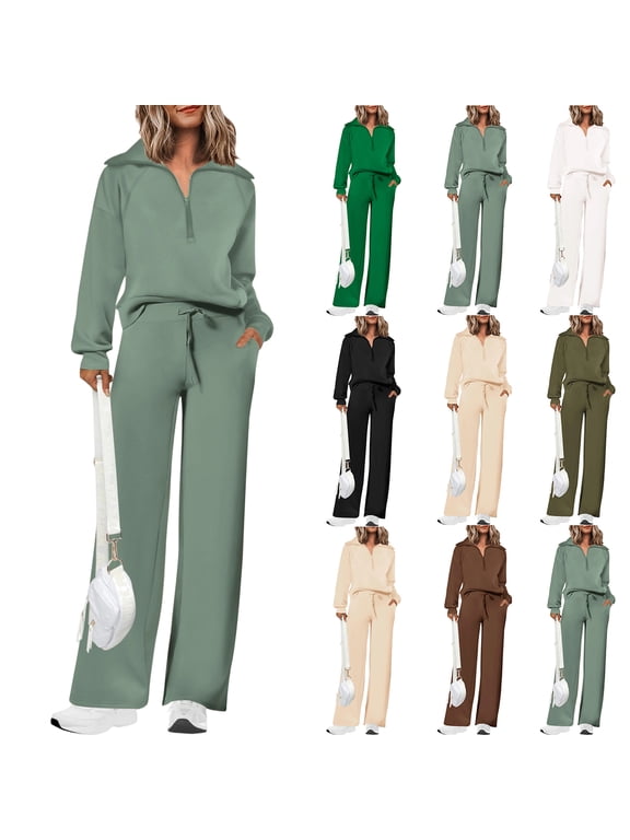 Women's Lounge Sets 2 Piece Outfits Sweatsuits Half Zip Pullover Sweatshirts & Wide Leg Pants Pockets Workout Tracksuits Airport Travel Resort Wear XL