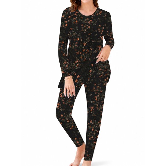 Women's Lounge Sets 2 Piece Tiny Red Flowers Pajamas Soft Long Sleeve Sleep Top and Pants