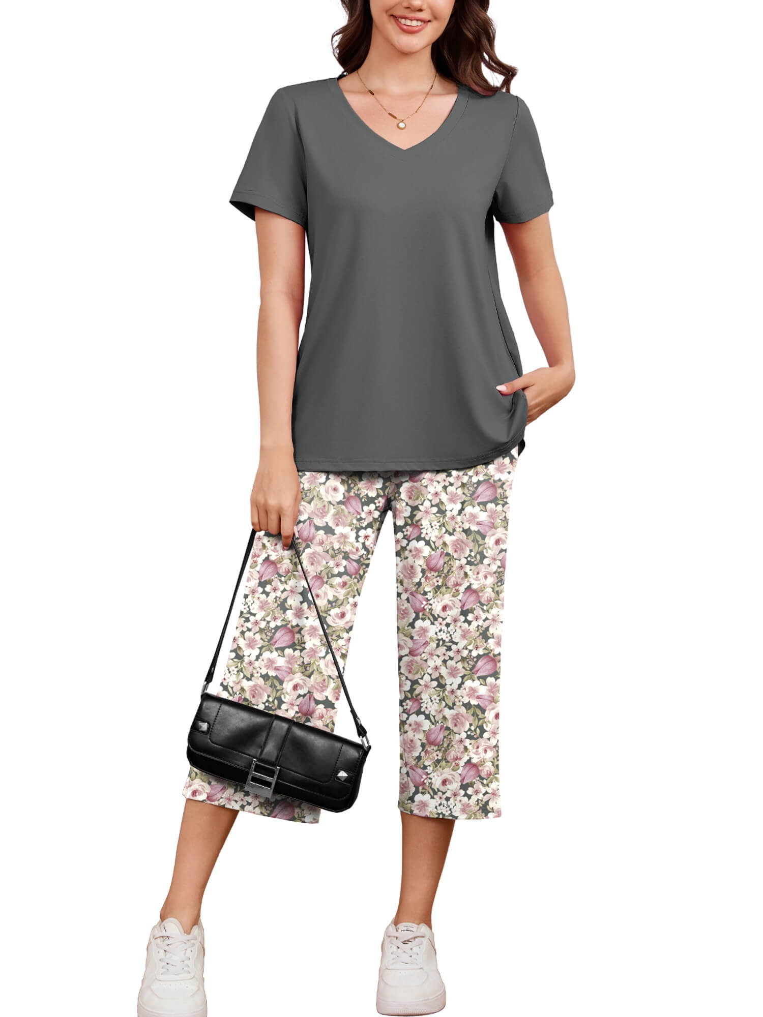 Women's Lounge Set Short Sleeve Shirt and Wide Leg Capri Pants Sweatsuit with Pockets 2 Piece Pajamas Set, Size L