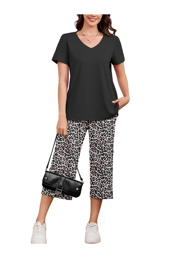 Women's Lounge Set Short Sleeve Shirt and Wide Leg Capri Pants Sweatsuit with Pockets 2 Piece Pajamas Set, Size 2XL