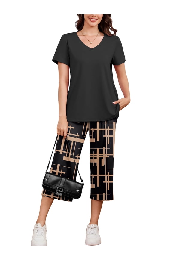 Women's Lounge Set Short Sleeve Shirt and Wide Leg Capri Pants Sweatsuit with Pockets 2 Piece Pajamas Set, Size L