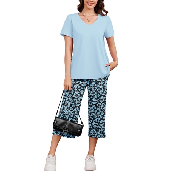 Chiclily Women's Lounge Set Short Sleeve Shirt and Wide Leg Capri Pants Sweatsuit with Pockets 2 Piece Pajamas Set, Size L