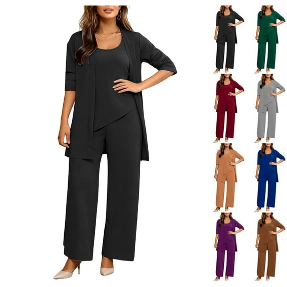 Women's Lounge Sets 3 Piece Tank Top with 3/4 Sleeve Cardigan Casual Outfits Baggy Wide Leg Pants Sweatsuit Black XXL