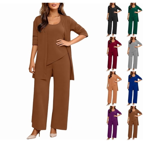 Women's Lounge Sets 3 Piece Tank Top with 3/4 Sleeve Cardigan Casual Outfits Baggy Wide Leg Pants Sweatsuit Coffee L