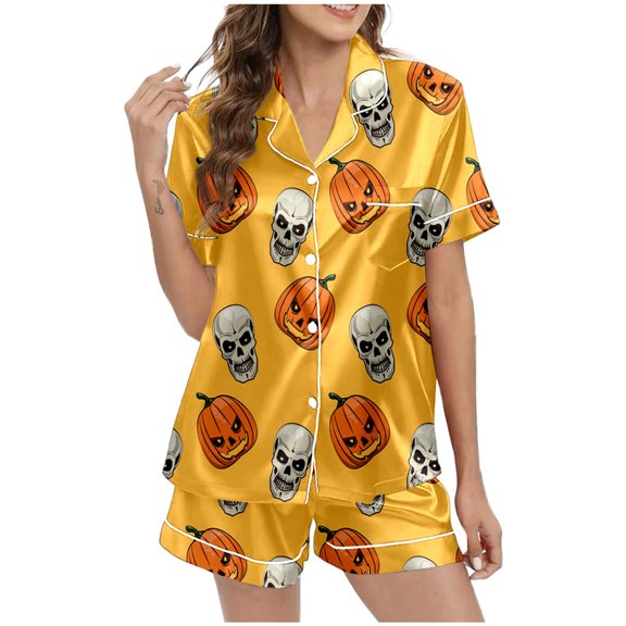 Women's Lounge Sets – Bamboo Pajama Sets, Comfortable Cooling Sleepwear for Hot Nights Chic: Women's Halloween Printed Button Up Collar Tee & Shorts Pajama Ensemble