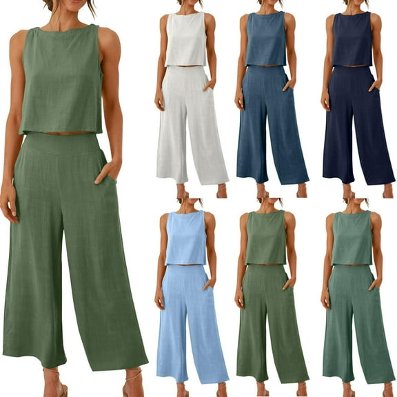 Women's Lounge Sets Casual 2 Piece Outfits Sleeveless Crewneck Short Tops Slouchy Relaxed Tank Crop Top Lightweight Wide Leg Pants with Pockets Stylish Loungewear Beach Travel