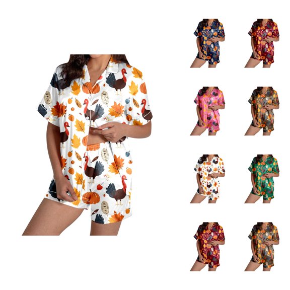 Women's Lounge Sets – Comfortable Cotton Pajama Sets, Cozy Sleepwear for Relaxing Evenings Ladies' Thanksgiving Turkey Print Pajama Shorts Set 2024