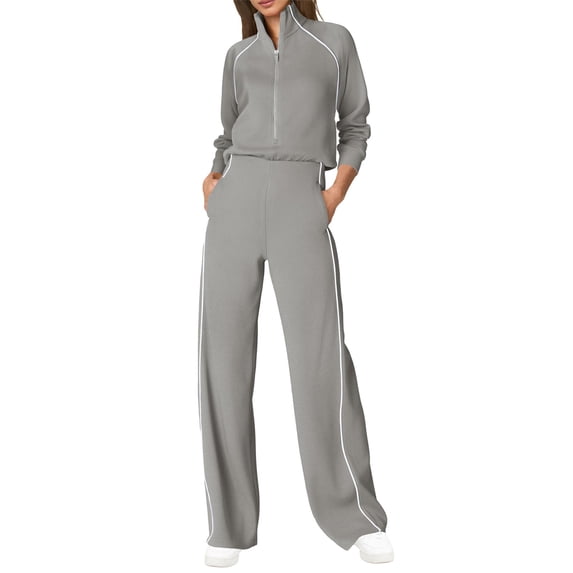 Women's Lounge Sets, Mock Neck Half Zip Sweatsuits,Casual Long Sleeve Jumpsuit Romper,Wide Leg Sweatpants,Soft Comfy,Fashion Clothing,Oversized Tracksuit,Airport Travel Outfit with Pockets Grey