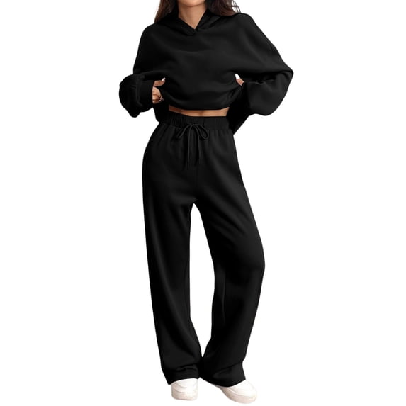 Women's Lounge Sets Two Piece Fleece Long Sleeve Oversized Hooded Sweatshirts and Wide Leg Sweatpants Airport Travel Outfit Comfy Fall Winter Matching Sets