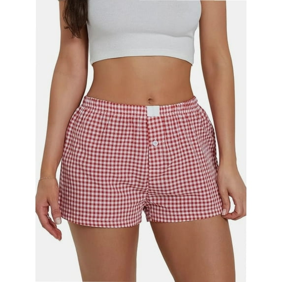 Women's Lounge Shorts Cute Soft Elastic Low Waist Plaid Print Button Front Pajama Bottoms Boxer Shorts Sleepwear