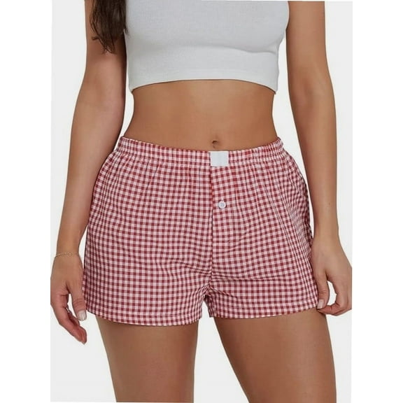 Women's Lounge Shorts Cute Soft Elastic Low Waist Plaid Print Button Front Pajama Bottoms Boxer Shorts Sleepwear