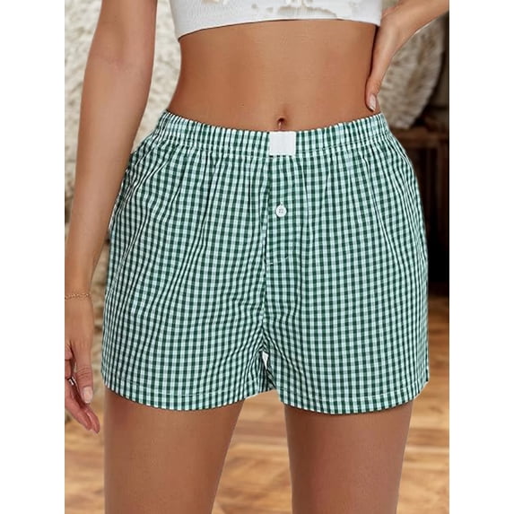 Women's Lounge Shorts Cute Soft Elastic Low Waist Plaid Print Button Front Pajama Bottoms Boxer Shorts Sleepwear