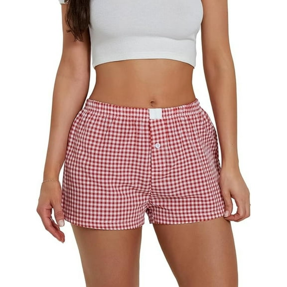 Women's Lounge Shorts Cute Soft Elastic Low Waist Plaid Print Button Front Pajama Bottoms Boxer Shorts Sleepwear