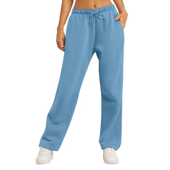 Women's Lounge Sweatpants Drawstring Elastic Waist Solid Straight Leg Loose Pants with Pockets Blue 2XL