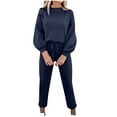 thumbnail image 1 of Women's Loungewear 2PC Outfit Sets Long Sleeve Crewneck Solid Pullover Top Elastic Waist Straight Leg Pants Sweatsuit Suit Dark Blue XL, 1 of 6
