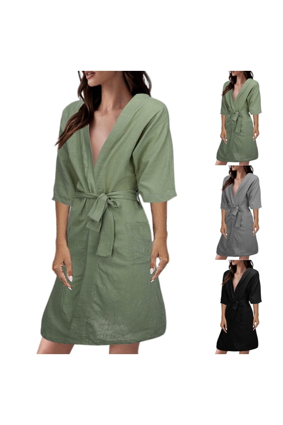 Women's Loungewear, Chroia Loose Kimono Robe Solid Linen V Neck Long Gown Summer Casual Pajamas