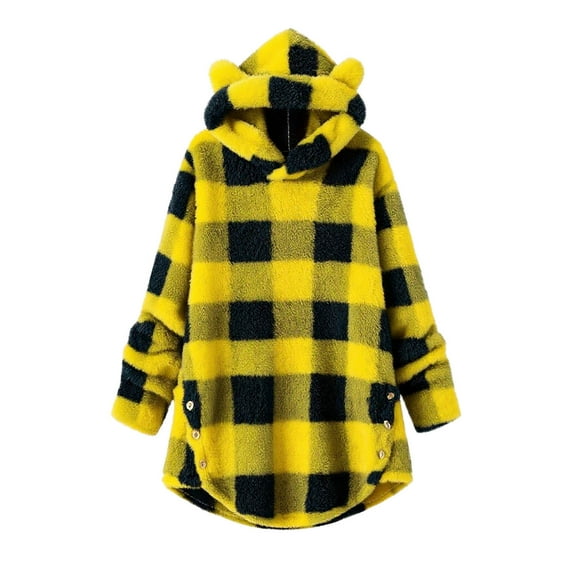 Women's Loungewear Hoodies, Fuzzy Fleece Plaid Hooded Sweatshirt, Soft Casual Pullover Long Sleeve Loose Tunic Thick Warm Tops Yellow S