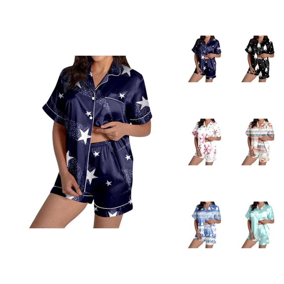 Women's Loungewear Sets – Button Up Pajamas & Fitted Sleepwear Ladies' Fashionable Casual Reindeer Snowflake Christmas Tree Christmas Snowman Print Silk Satin Short Sleeved Button Up Pajamas Set
