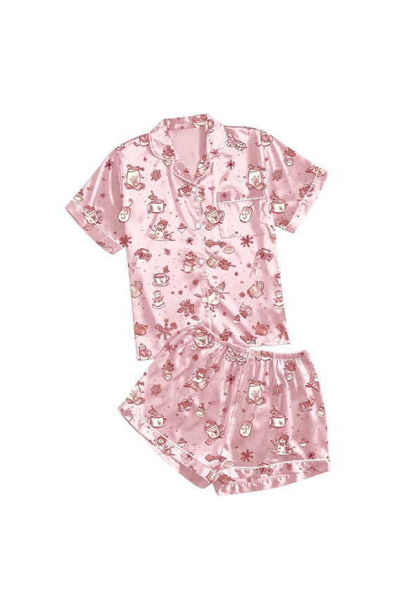 Women's Loungewear Sets – Easy Fit Sleepwear Sets for Women Ideal for Relaxation or Travel Use Women's Casual Printed Pyjama Set Silk Satin Short Sleeve Button Down Top And Shorts Set
