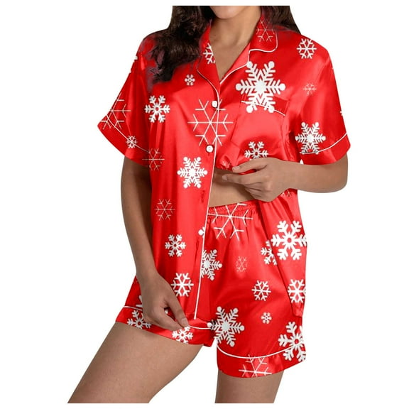 Women’s Loungewear Sets – Loungewear for Comfort and Style Ladies' Casual And Fashionable Snowman Santa Star Christmas Print Silk Satin Short Sleeved Button Pajamas Set