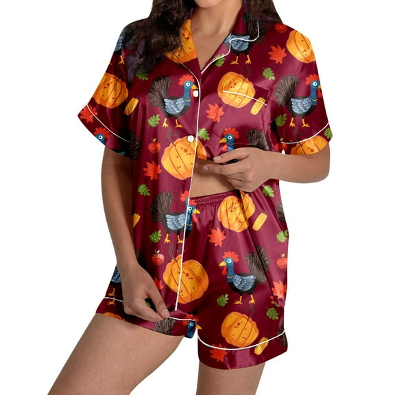 Women's Loungewear Sets – Stylish Lounge Sets with Cropped Tops and Pajama Bottoms for Home or Nursing Use Ladies' Thanksgiving Turkey Print Pajama Shorts Set 2024