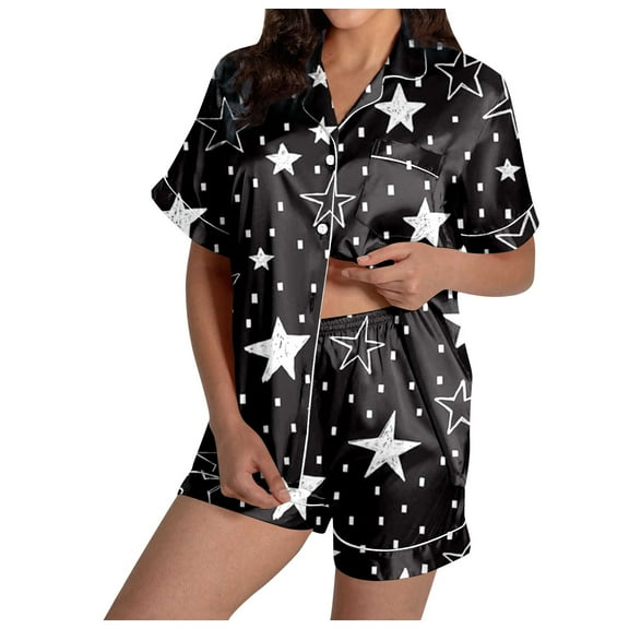 Women’s Loungewear Sets – Trendy Two Piece Pajamas for Weekend Lounge or Spring Use Ladies' Casual And Fashionable Snowman Santa Star Christmas Print Silk Satin Short Sleeved Button Pajamas Set