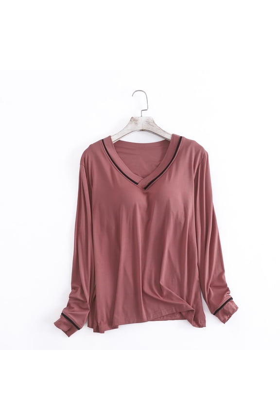Women's Loungewear Shirts with Chest Solid Color Modal Cotton Blouses Tops Casual Round Neck Long Sleeve TShirt Lightweight Soft Basic Shirt Pullover Top Wine M