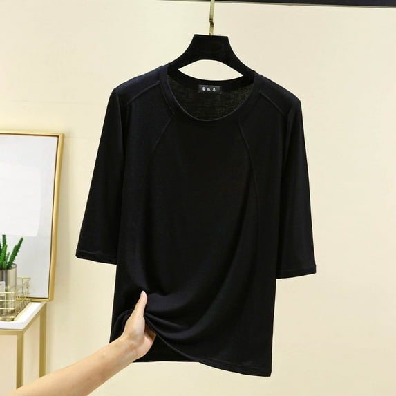 Women's Loungewear Shirts Solid Color Modal Cotton Blouses Top Casual Round Neck Half Sleeve TShirt Lightweight Soft Basic Shirt Pullover Top Black M