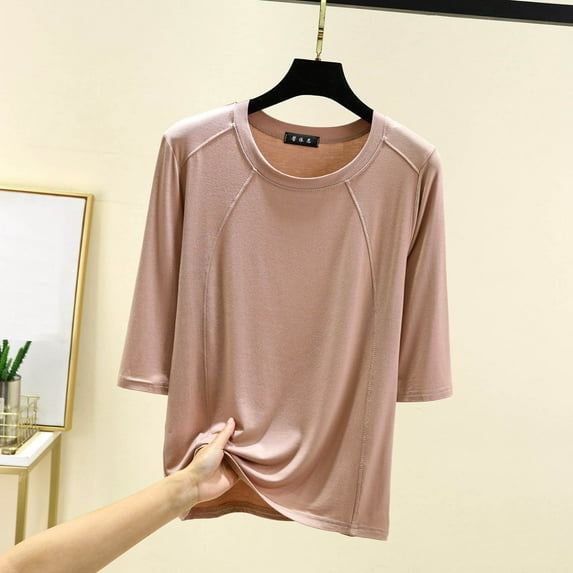 Women's Loungewear Shirts Solid Color Modal Cotton Blouses Top Casual Round Neck Half Sleeve TShirt Lightweight Soft Basic Shirt Pullover Top Khaki 2XL