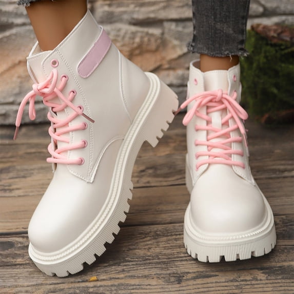 Women's Love Ankle Boots Combat Boots Lace Up Lug Sole Leather Side Zipper Goth Riding Short Booties
