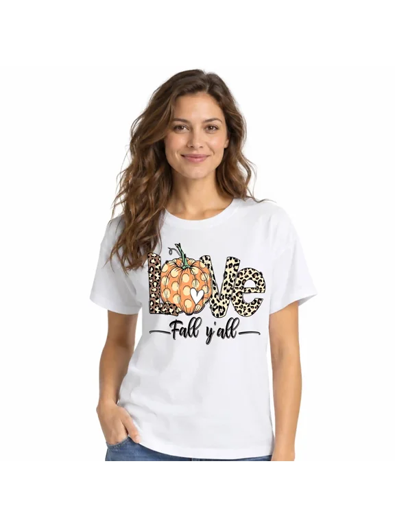 Women's Love Fall Y'all Pumpkin Graphic T-Shirt, Leopard Print Crew Neck Casual Cotton Tee Top