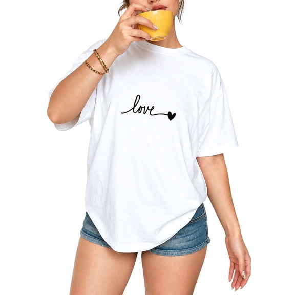 Women's Love Graphic T-Shirt Heart Print Relaxed Fit Short Sleeve Crew Neck Casual Tee