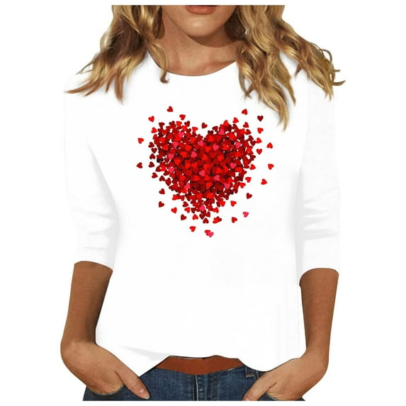 Women's Love Heart Graphic Sweatshirts Spring Elegant Shirts Summer Clothes Y2K Tops Dressy Casual 3/4 Sleeve Tunic Tops Loose Fit Flowy Fashion Round Neck Blouse Vintage White T Shirts XXL