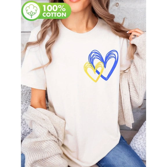 Women's Love Heart Print T-Shirt - Black Intertwined Hearts, 100% Cotton Short Sleeve Crew Neck Casual Top, Machine Washable Spring & Summer Tee, Comfortable Fit Shirt
