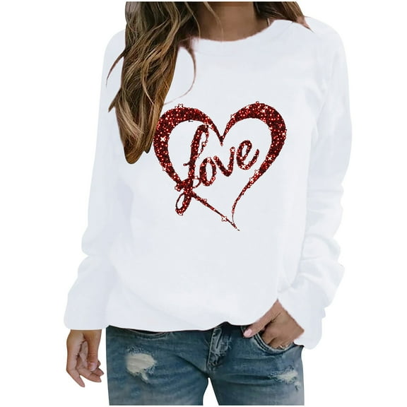 Women's Love Heart Sweatshirt Casual Long Sleeve Valentine's Day Shirts Teen Crewneck Pullover Tops