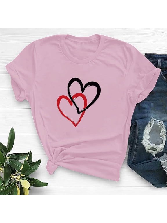 Women's Love Plus Size Tshirt Valentine's Day Round Neck Summer Short Sleeve Heart Print Casual Tshirt Gift for Her