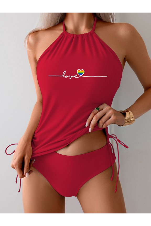 Women's Love Rainbow Heart Printed Swimsuit 2 Piece Tankini Sets Halter Skinny Tops With Low Rise Briefs Swimsuit Set For Summer Beachwear Diving Bathing Suits S