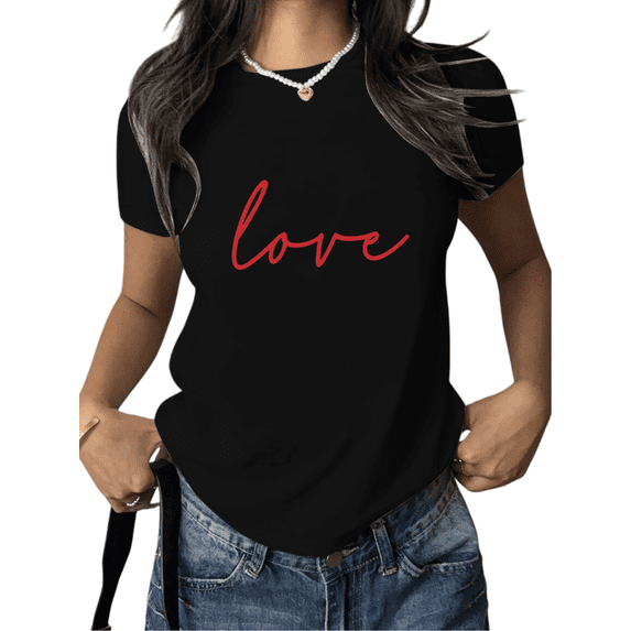 Women's Love Script Graphic Breathable T Shirt Casual Short Sleeve Cotton Round Neck Top Black S-5XL