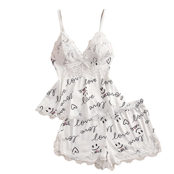 Women's Love Smile Script Print Pajama Set Lace Cami Top and Matching Shorts 2 Piece Spaghetti Strap Sleepwear Lounge Set
