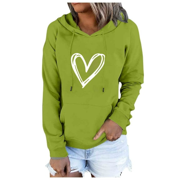 Women's Love Sweatshirts and Hoodies Heart Printed Drawstring Hooded Pullover Long Sleeve Casual Cute Tops (XL, Green)