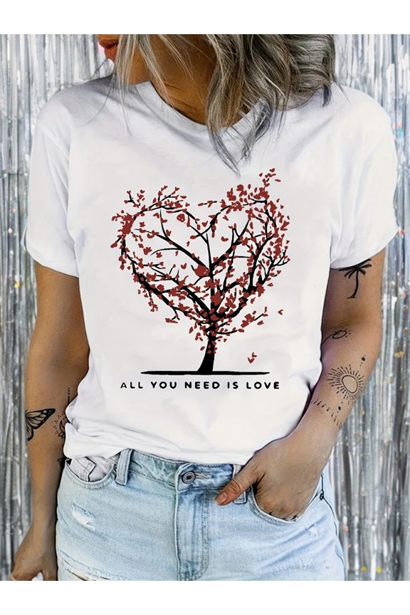 Women's Love Tree Heart Print Graphic T-Shirt Casual Crew Neck Short Sleeve Tee